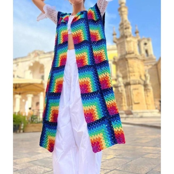 ROSE CARMINE Coat No Sleeves In Marine Rainbow Granny Square Crochet Lurex NWT - Picture 1 of 7